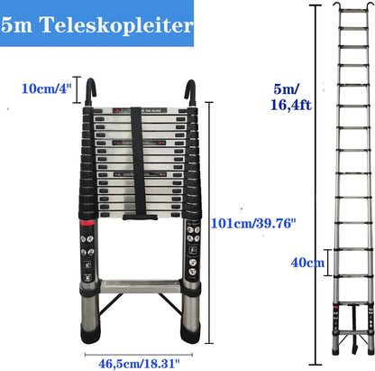 Scala Telescopica 5 Metri in Acciaio con Ganci – Pieghevole, Estensibile, Portatile EN131